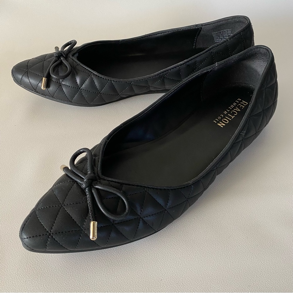 Kenneth Cole Reaction Quilted Black Ballet Flats 7.5 Pointed Toe Bow Women’s - Picture 3 of 12